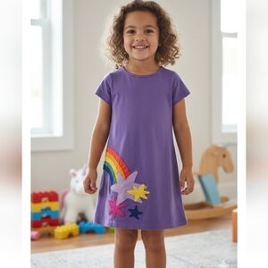 Hanna Andersson Purple Rainbow Stars Applique Dress - 100% Cotton - Girls Size 5